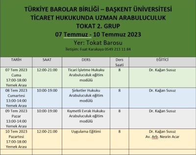 7-10 TEMMUZ 2023 TARİHLERİNDE İKİNCİSİ DÜZENLENECEK TİCARET HUKUKUNDA UZMAN ARABULUCULUK EĞİTİMİ PROGRAMI