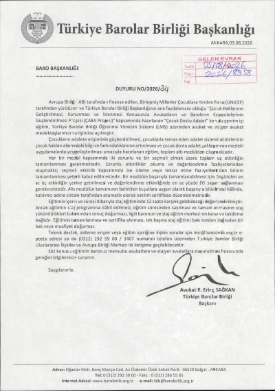 TBB. Başkanlığının Çaba Projesi Eğitimi Hakkındaki Duyurusu