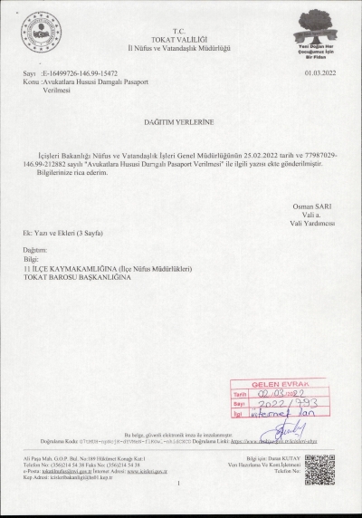 " Avukatlara Hususi Damgalı Pasaport Verilmesi " Hk.