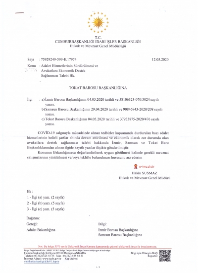 Coronavirüs Salgını Nedeniyle Talep ve Öneriler Kapsamında Cumhurbaşkanlığına Gönderilen Yazımıza Verilen Cevap
