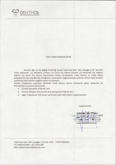 Denthol Ağız ve Diş Sağlığı Polikliniği ile Yapılan Anlaşma 