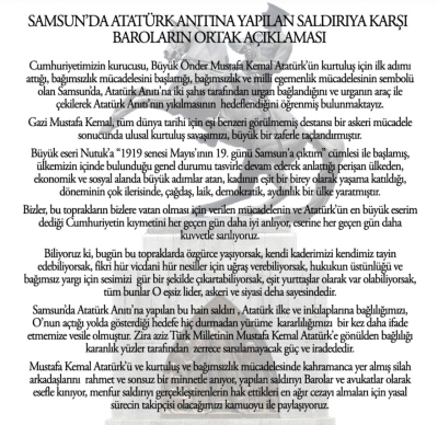 Samsun'da Atatürk Anıtına Yapılan Saldırıya Karşı Barolardan Ortak Açıklama