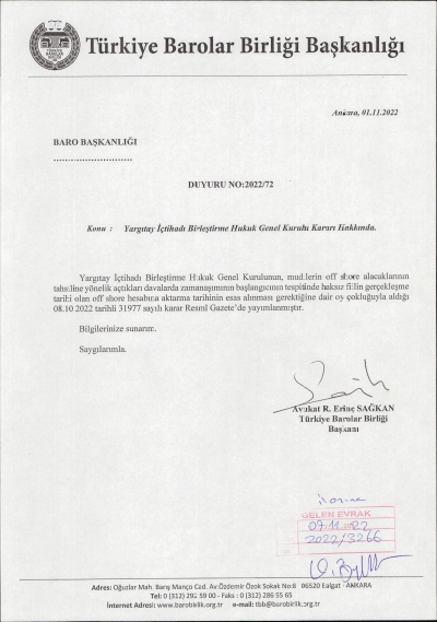 TBB Başkanlığının 2022/72 Sayılı " Yargıtay İçtihadı Birleştirme Hukuk Genel Kurul Kararı " Hakkındaki Duyurusu