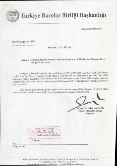 TBB Başkanlığının 2022/62 Sayılı " Meslek Kuralları' nın 39. Maddesinin Danıştay Kararı İle İptali " Hakkındaki Duyurusu