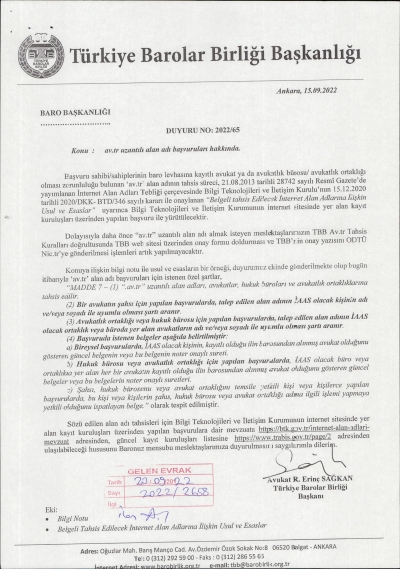 TBB Başkanlığının 2022/65 Sayılı "  av.tr uzantılı alan adı başvuruları " Hakkındaki Duyurusu