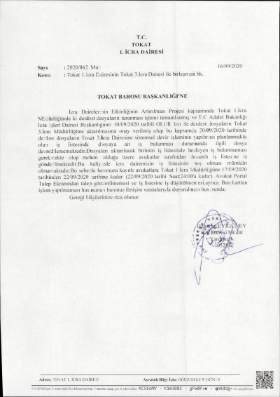 Tokat 1.İcra Dairesinin Tokat 3.İcra Dairesi ile Birleşmesi Hakkında