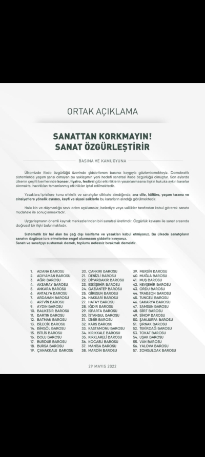 Tüm Barolardan Ortak Açıklama