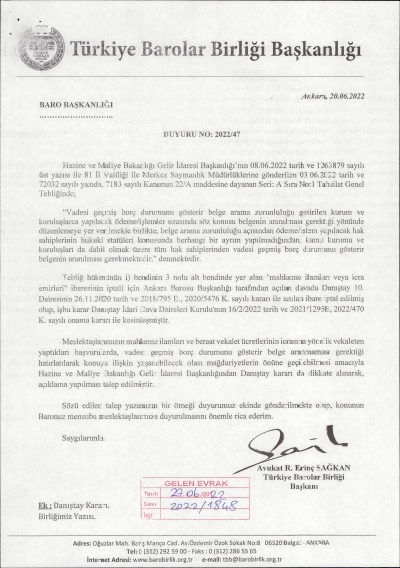 Türkiye Barolar Birliği Başkanlığının 20.06.2022 Tarih 2022/47 Sayılı Duyurusu