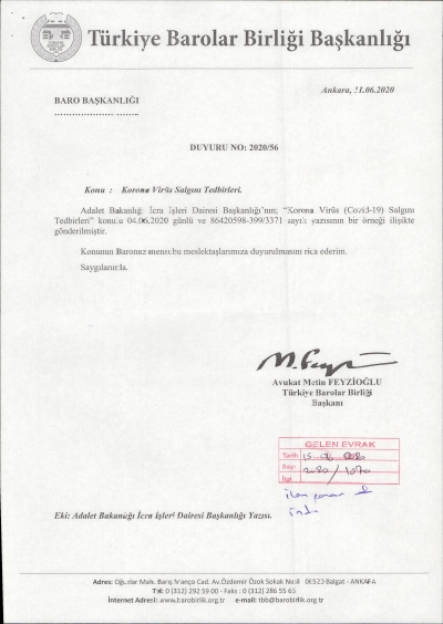 Türkiye Barolar Birliği Başkanlığının Korona Virüs Salgını Tedbirleri Konulu Duyurusu.
